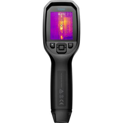 Wärmebildkamera mit farbigem Display, das Temperaturunterschiede einer Oberfläche zeigt. Bildschirm zeigt warme und kühle Bereiche.