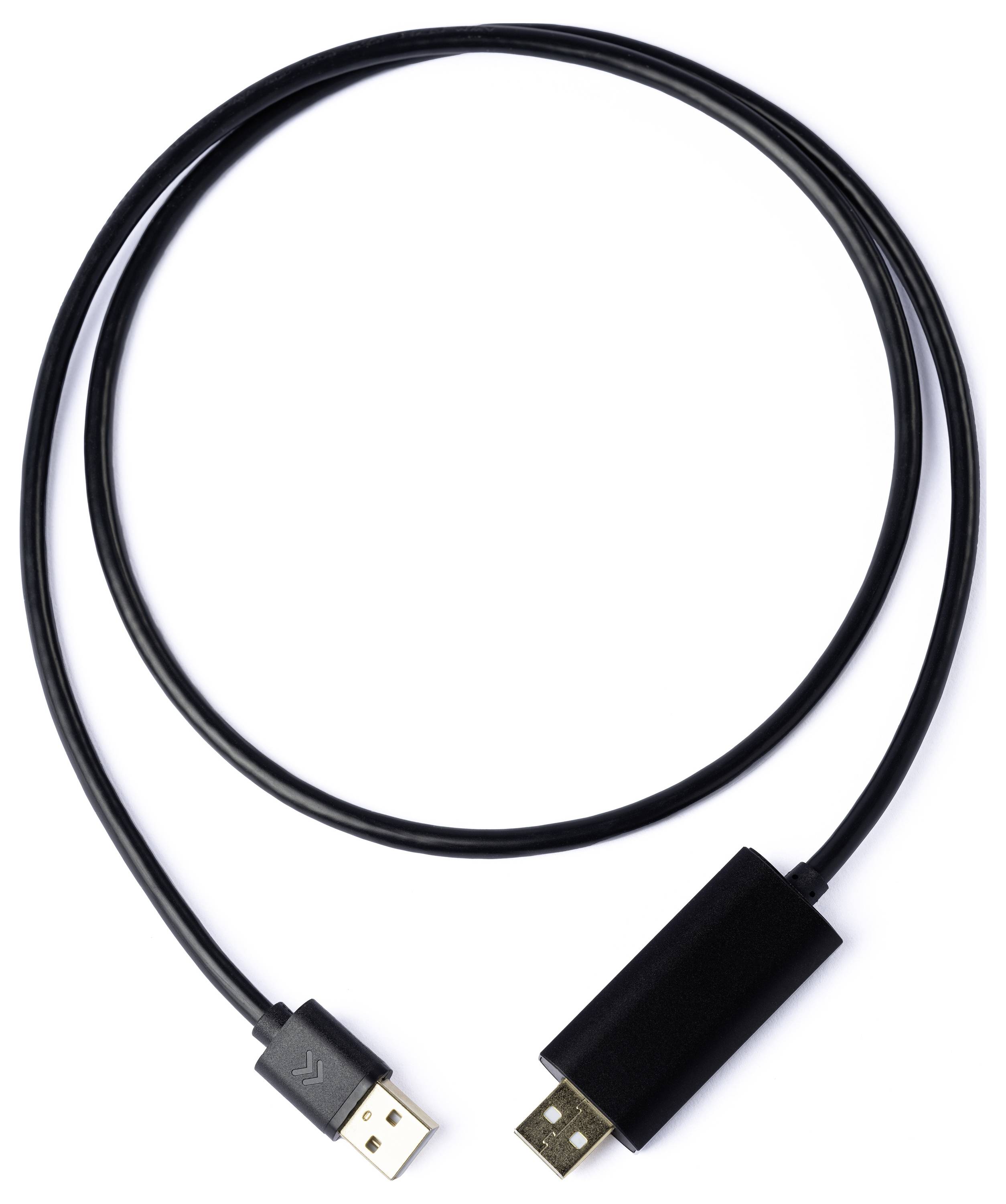 USB-Kabel mit einem USB-A-Stecker auf der einen Seite und einem USB-B-Stecker auf der anderen, gezeigt in einer Kreisform.