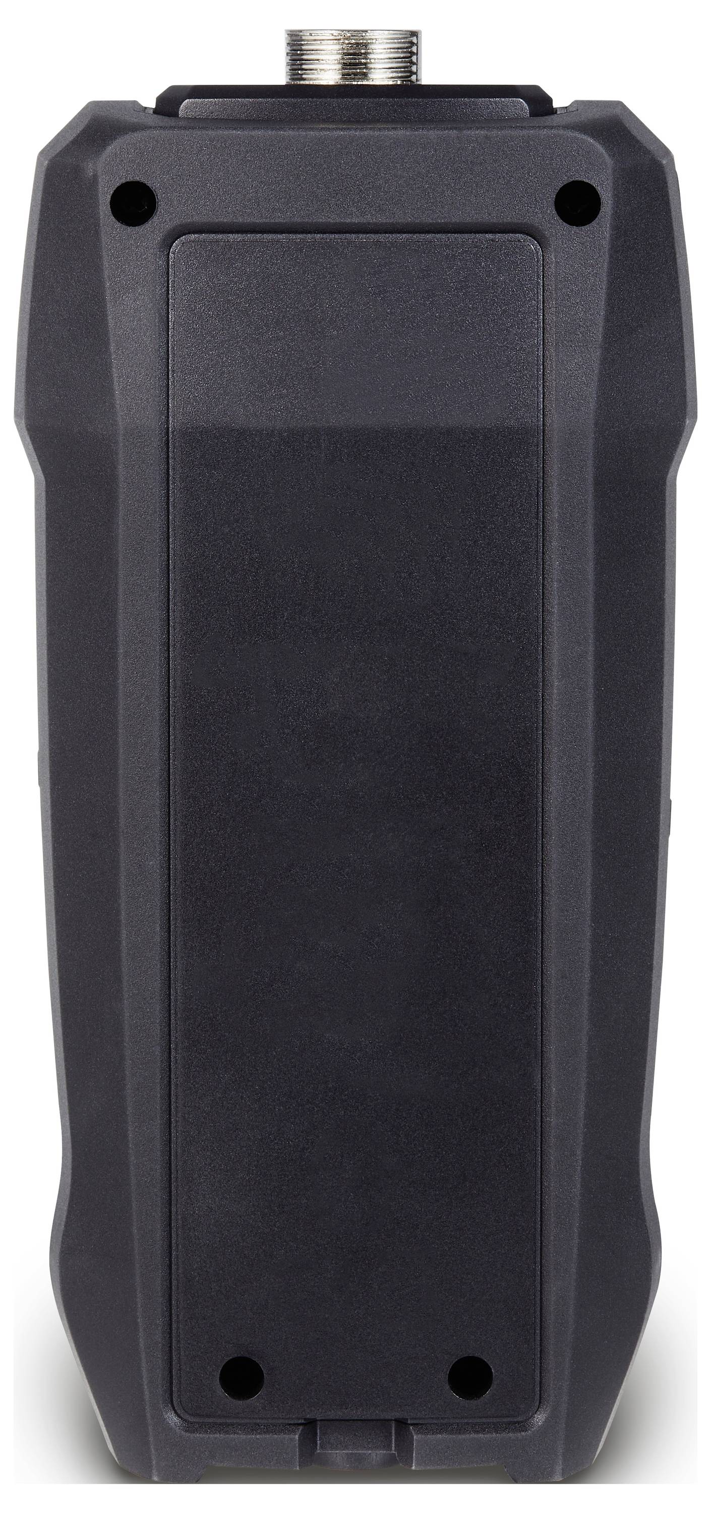 Schwarzes, rechteckiges Gerät mit abgerundeten Ecken und einem Anschluss an der Oberseite. Vorderseite glatt und ohne sichtbare Anzeigen.