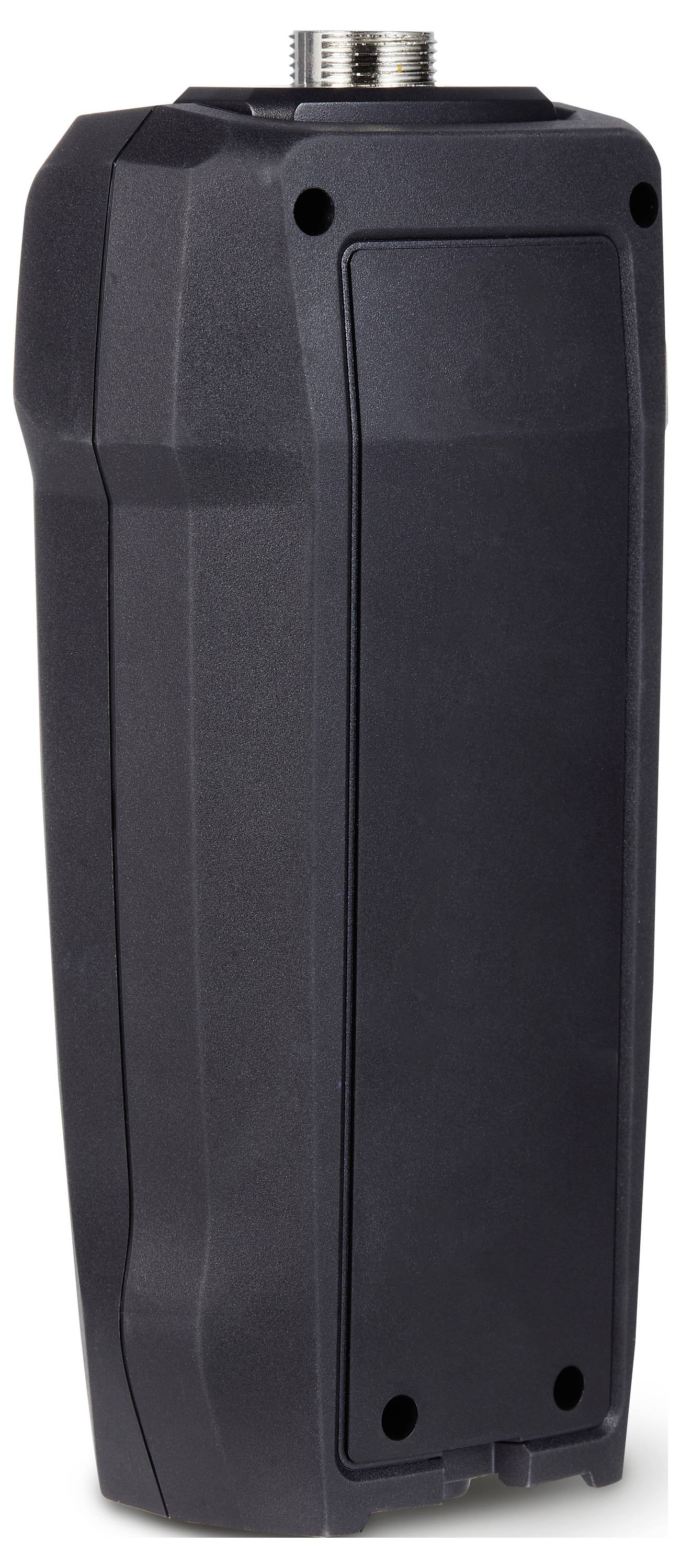 Ein schwarzes, rechteckiges elektronisches Gerät mit abgerundeten Kanten und Anschluss oben, möglicherweise ein Sensor oder Funkgerät.