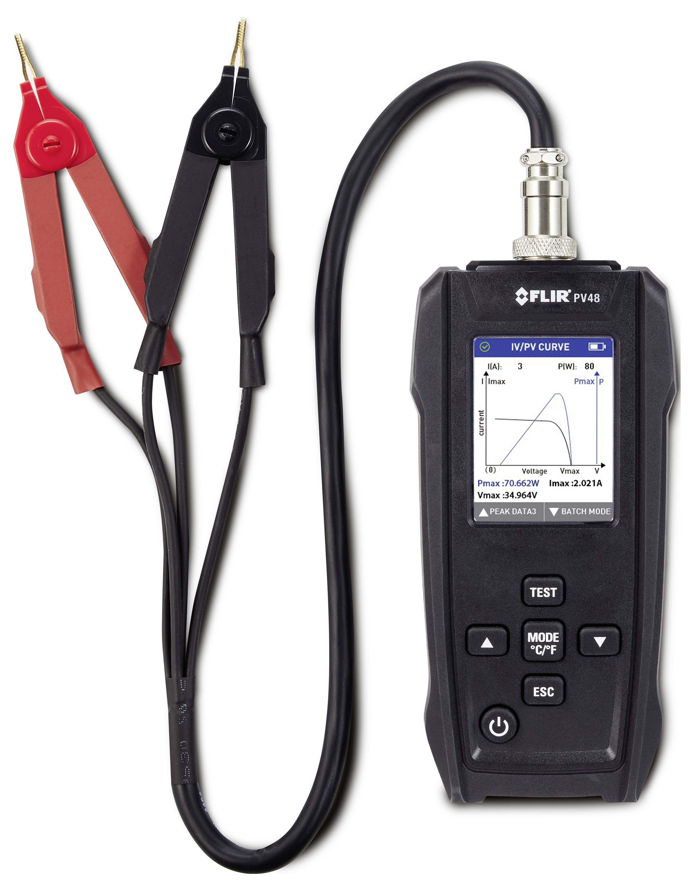 Ein Solarpanel-Messgerät mit Bildschirm zeigt eine IV-Kurve. Zwei Prüfspitzen in Rot und Schwarz sind angeschlossen.