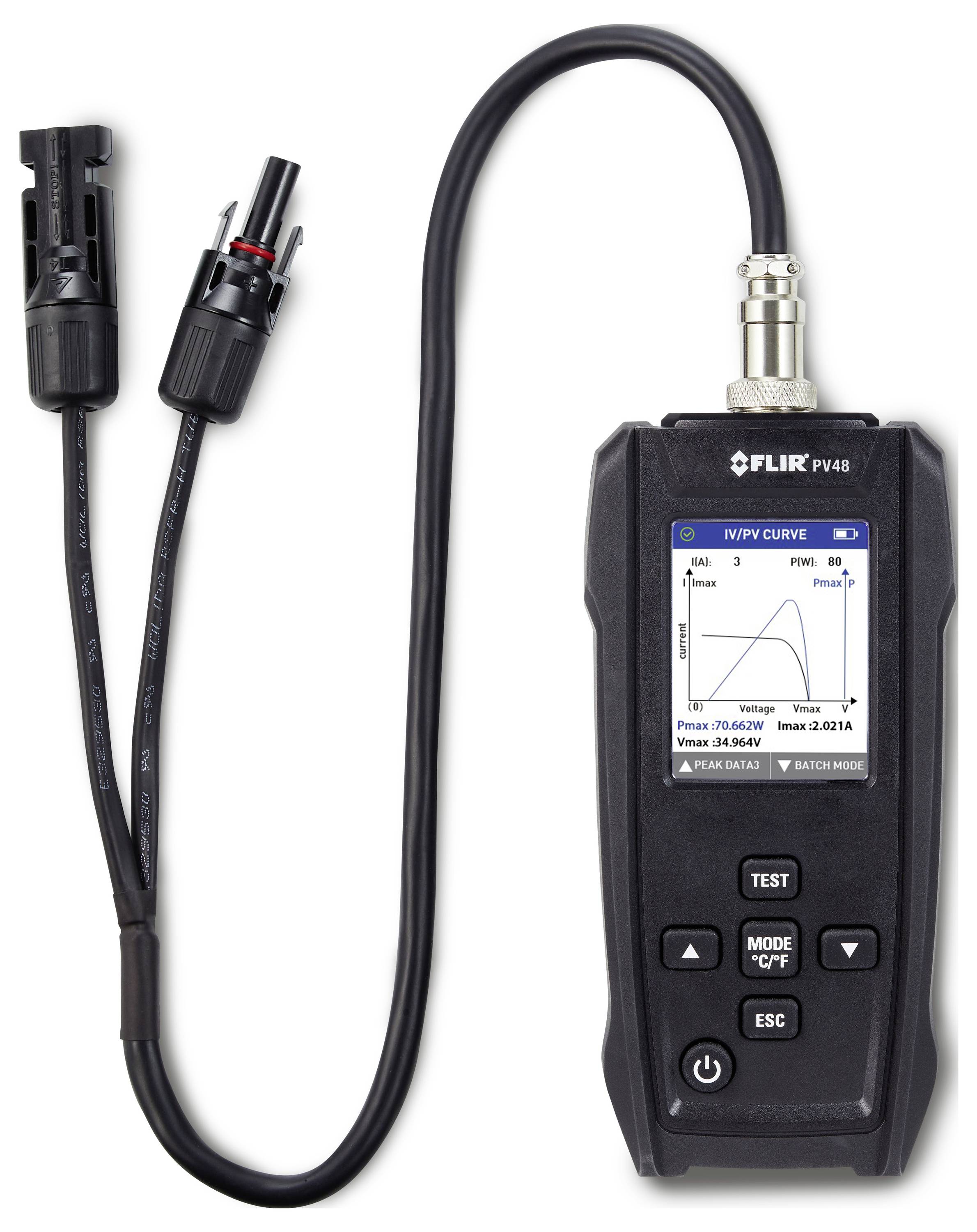 Ein tragbares Prüfgerät mit Display zeigt eine I-V-Kurve. Es ist mit einem Kabel und Stecker ausgestattet, zur Solarzellenmessung.