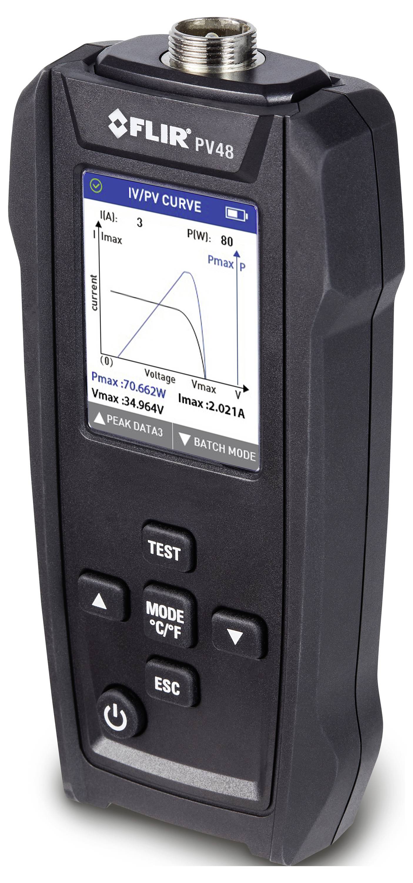 Handgerät mit digitalem Display zeigt eine PV-Kurve. Tasten für 'Test', 'Mode' und 'ESC'. Oben Anschluss für Kabel.