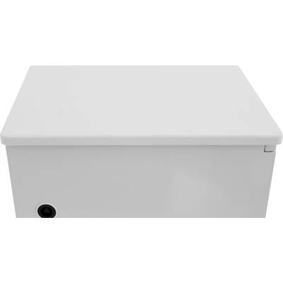 Weiße rechteckige Box mit glatter Oberfläche und abgerundeten Ecken. Ein kleines, schwarzes Loch befindet sich unten links.