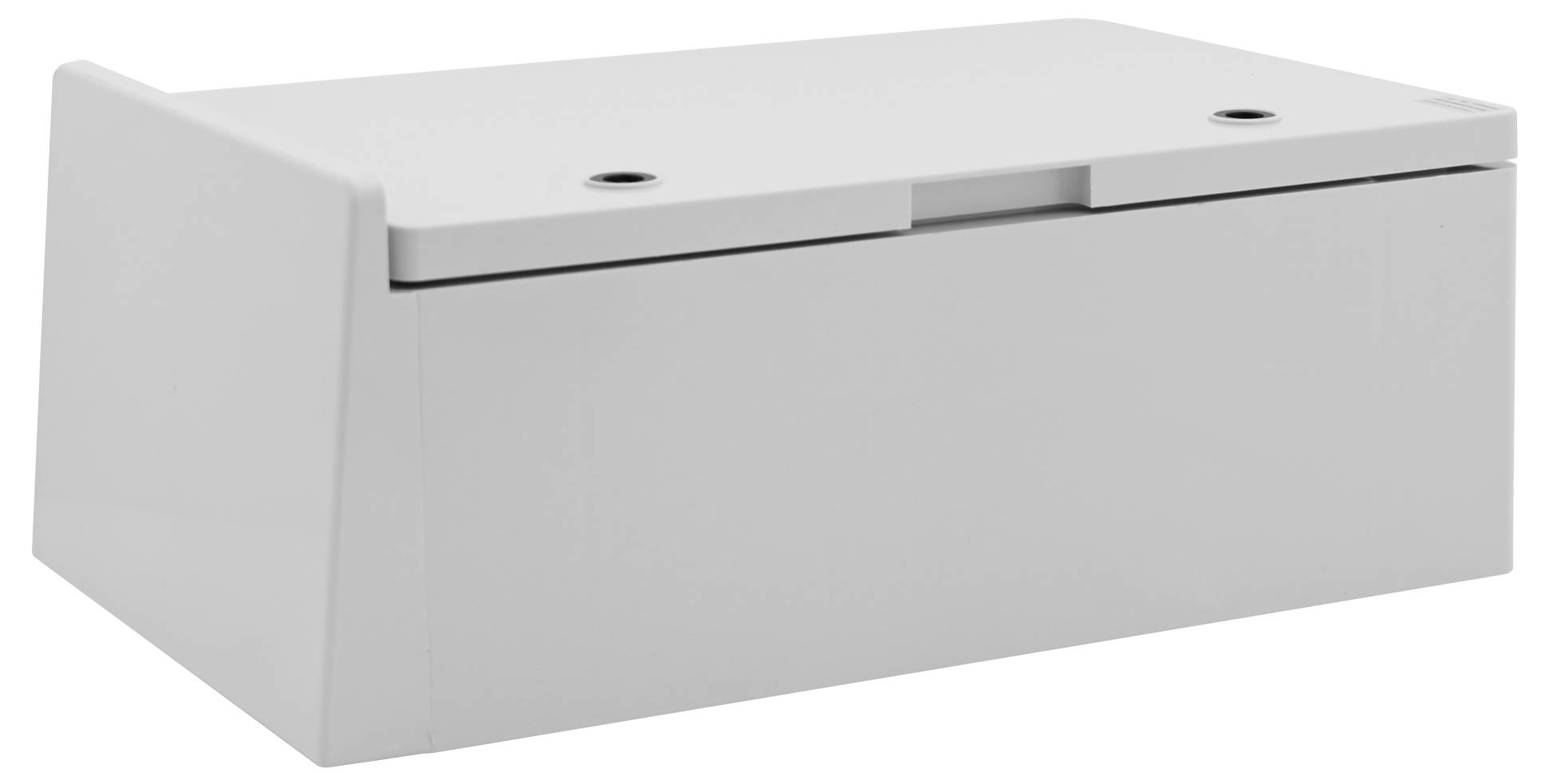Eine weiße rechteckige Box mit abgerundeten Ecken und einem Deckel.