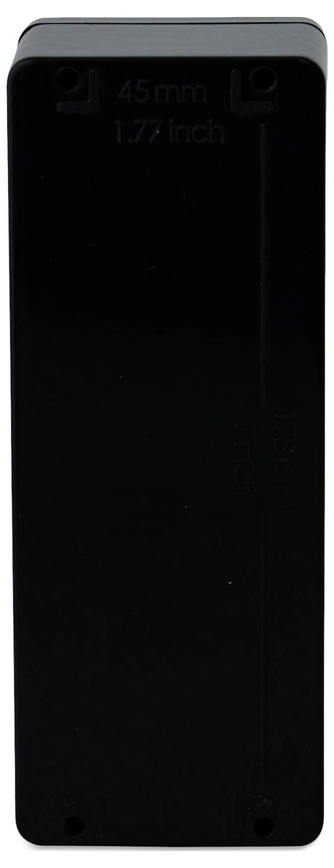 Schwarzes, rechteckiges Plastikgehäuse, vertikal ausgerichtet, mit der Aufschrift '45mm, 1.77 inch' an der Oberseite.