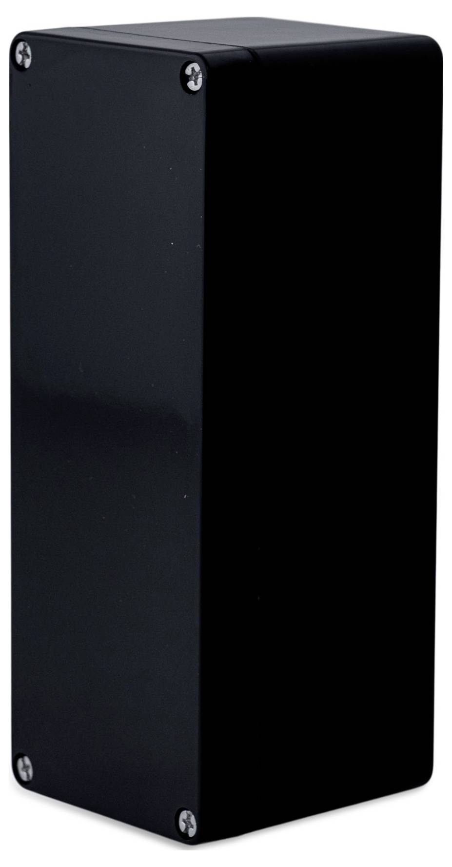 Schwarze, rechteckige Metallbox mit verschraubtem Deckel, geeignet für elektronische oder industrielle Anwendungen.