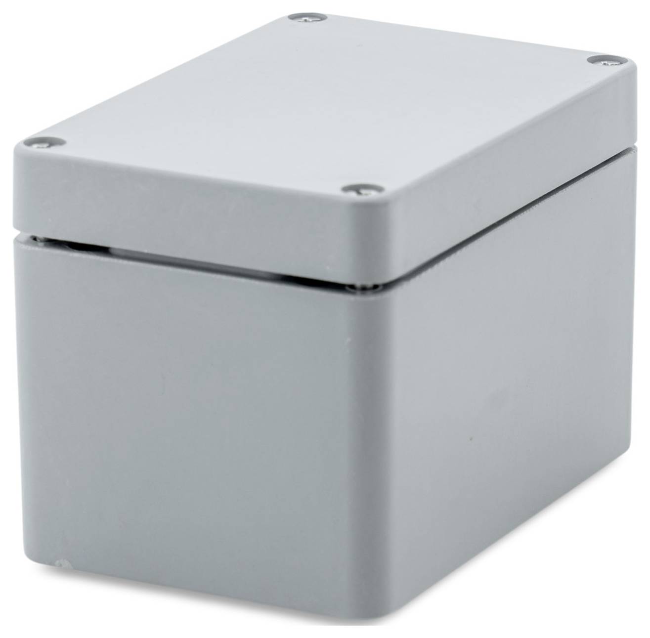 Graues, rechteckiges Gehäuse mit Schrauben an den Ecken. Es dient als Schutz für elektrische oder elektronische Komponenten.