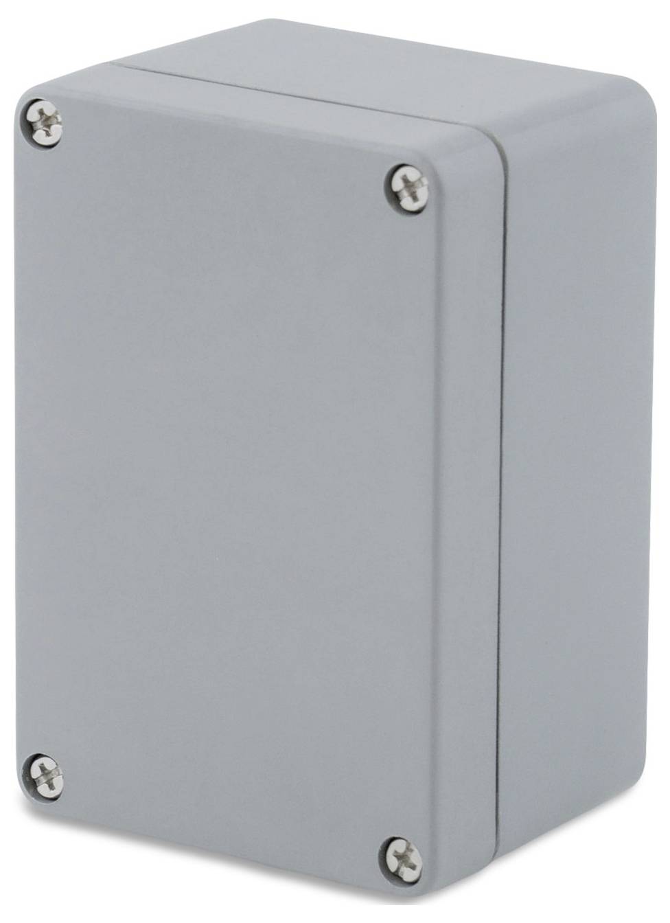 Grauer Metallkasten mit vier sichtbaren Schrauben an den Ecken.