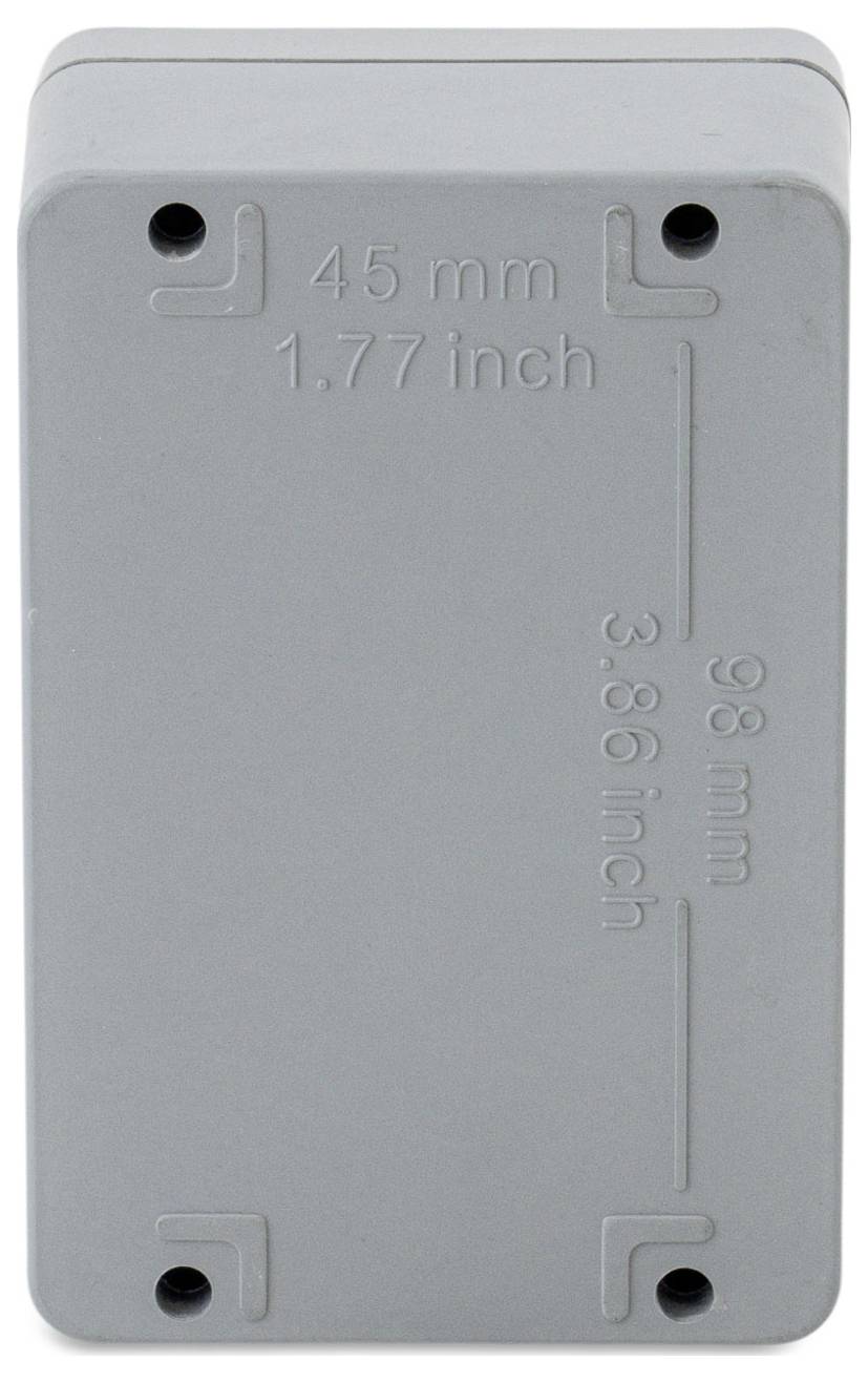 Rechteckiges graues Gehäuse mit den Maßen 98 mm x 45 mm auf der Abdeckung eingraviert.