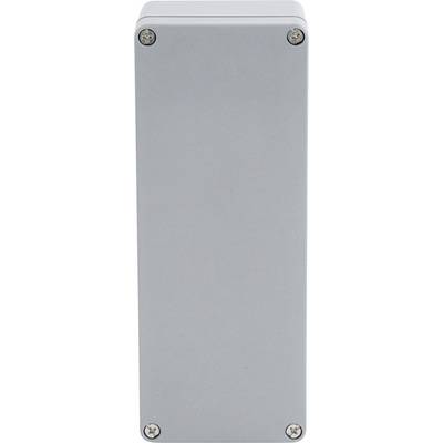 Graue, rechteckige Metallbox mit Schrauben an den Ecken sichtbar.