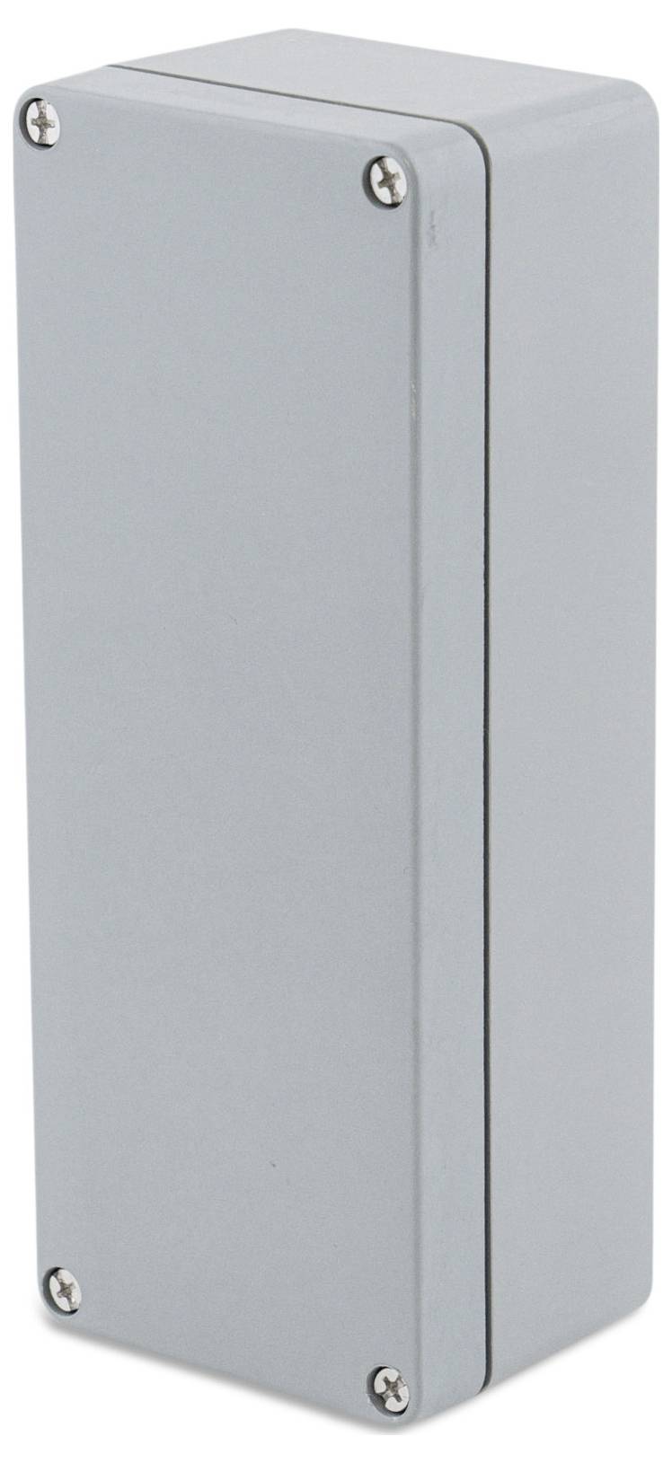 Elektronischer Kasten mit rechteckiger Form, hellgrau, mit vier Schrauben an den Ecken zur Befestigung des abnehmbaren Deckels.