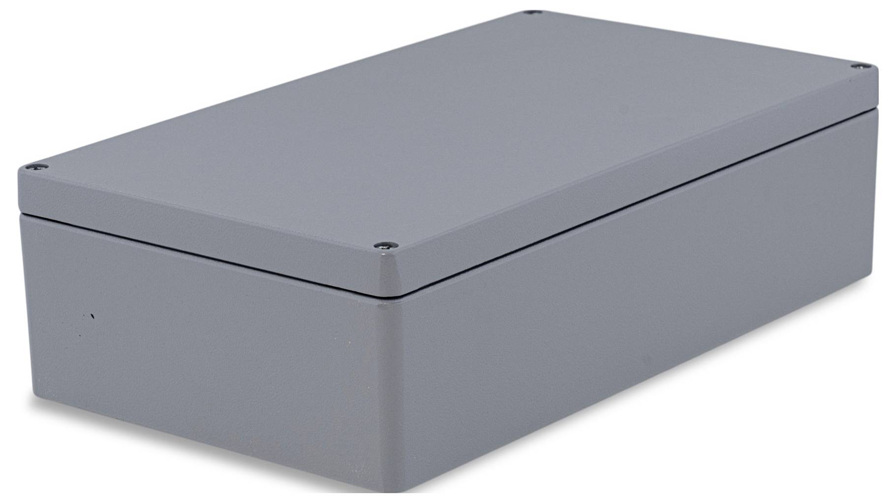 Graues rechteckiges Gehäuse aus Metall, geeignet für elektronische Komponenten.