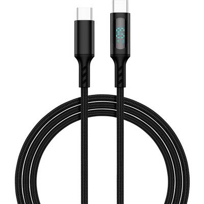 Ein schwarzes USB-C-Kabel mit digitaler Anzeige zeigt die Ladegeschwindigkeit an.