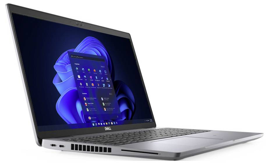 Ein silberner Laptop mit einem offenen Bildschirm zeigt das Startmenü von Windows 11 auf einem blauen, abstrakten Hintergrund.