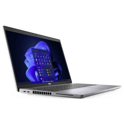 Ein silberner Laptop mit einem offenen Bildschirm zeigt das Startmenü von Windows 11 auf einem blauen, abstrakten Hintergrund.