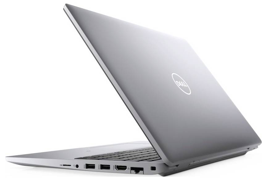 Silberner Laptop, teils geöffnet, von hinten gesehen. Sichtbar sind Anschlüsse an der Seite und das Dell-Logo auf dem Deckel.