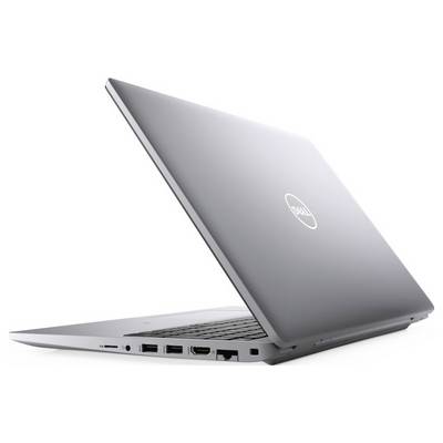 Silberner Laptop, teils geöffnet, von hinten gesehen. Sichtbar sind Anschlüsse an der Seite und das Dell-Logo auf dem Deckel.