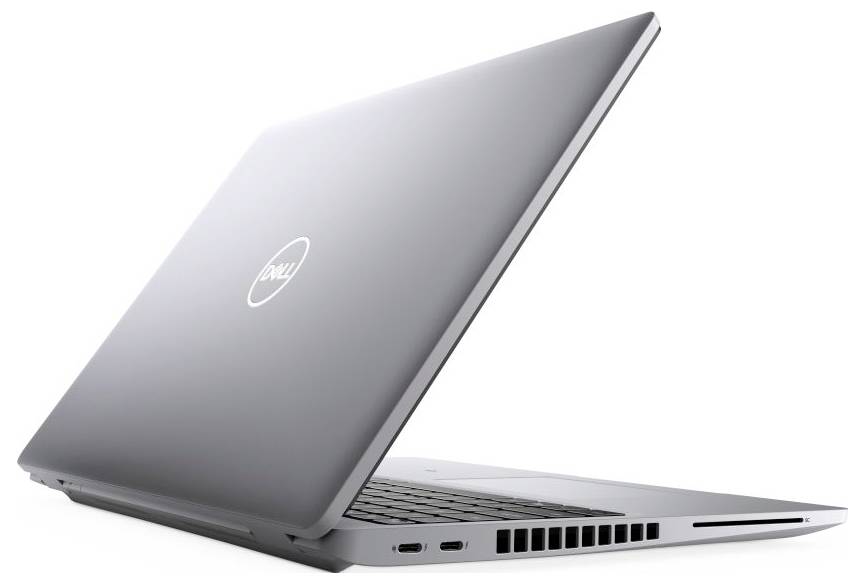 Silberner Laptop von der Seite, Bildschirm zugeklappt. Er zeigt mehrere Anschlussmöglichkeiten an der Seite und das Firmenlogo auf dem Deckel.