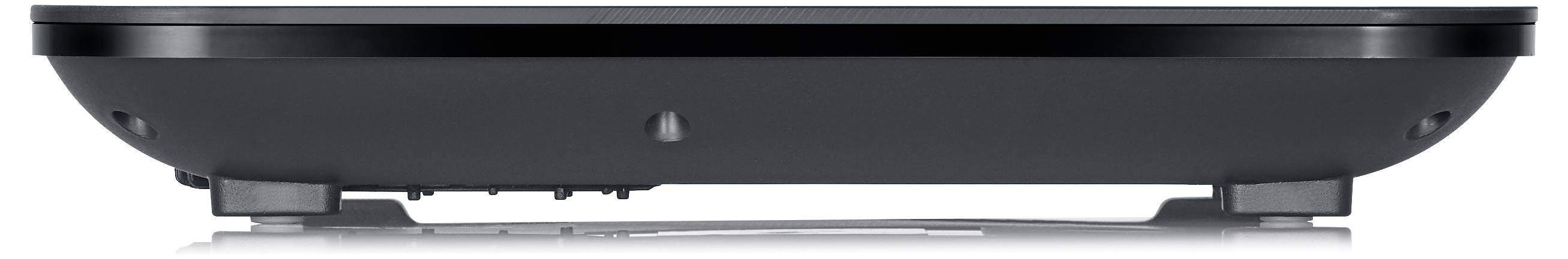 Schwarzer DVD-Player in der Seitenansicht mit zwei Standfüßen, minimalistische Gestaltung.