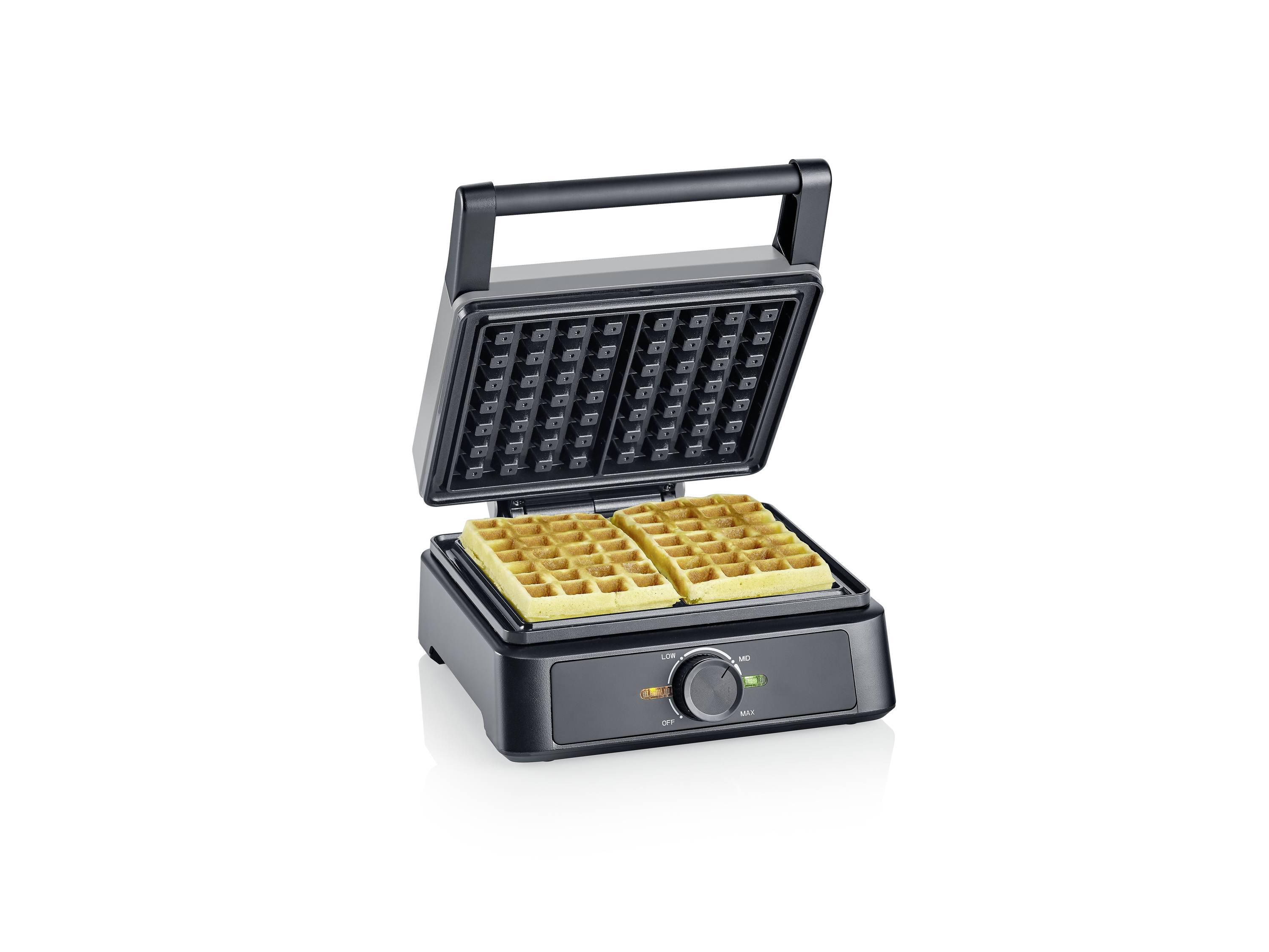 Ein Waffeleisen mit geöffneter Klappe, in dem zwei goldbraune Waffeln sichtbar sind. Ein Kontrollknopf zur Temperatureinstellung ist erkennbar.