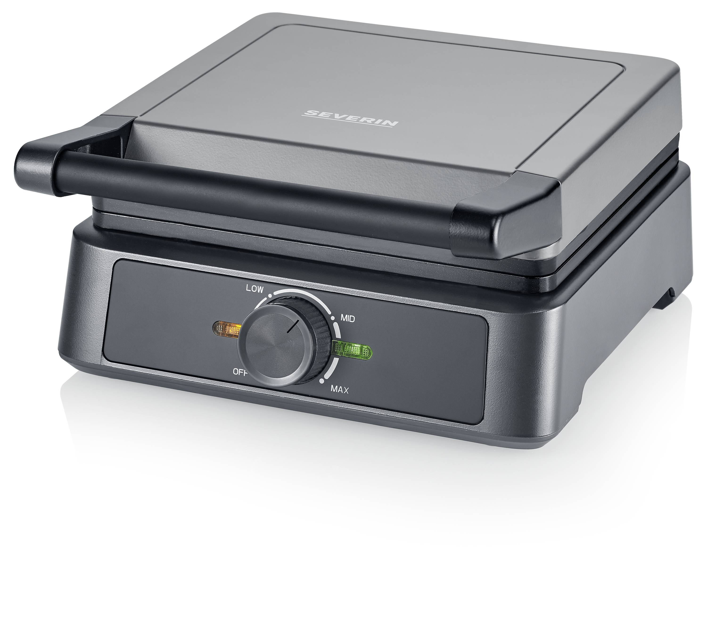 Ein elektrisches Sandwichmaker-Gerät in Silber, mit einem Temperaturregler und einer Kontrollleuchte auf der Vorderseite.