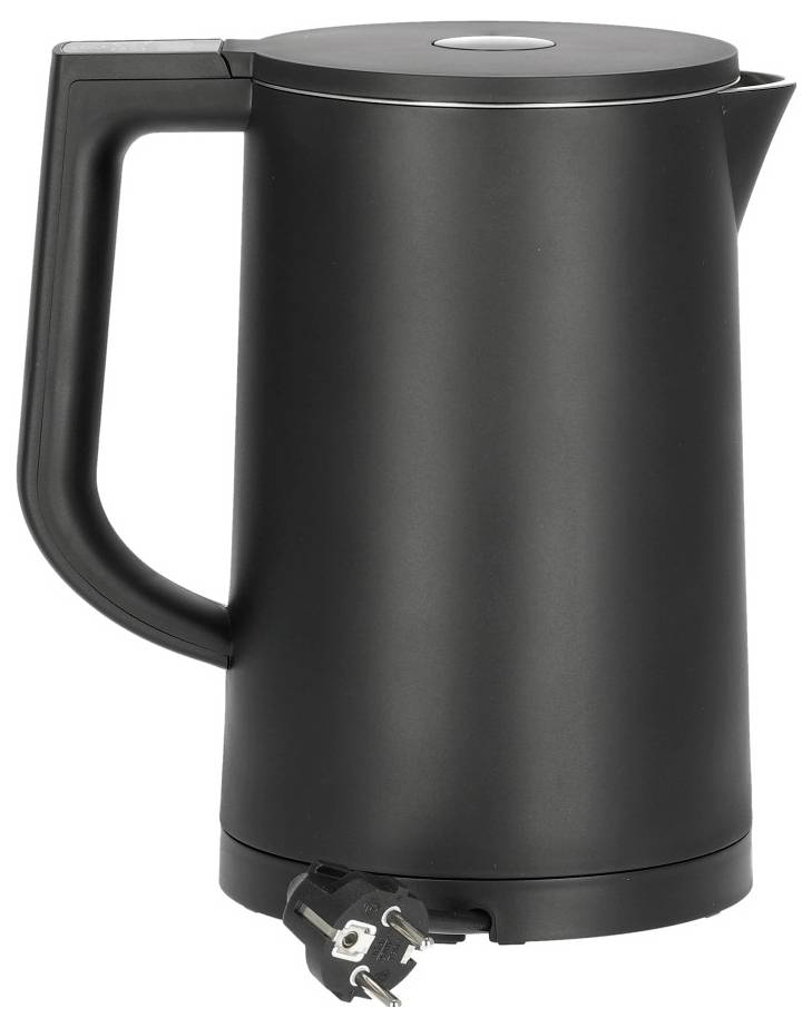 Ein schwarzer Wasserkocher mit abnehmbarem Deckel und Griff. Der Stecker ist am Boden des Wasserkochers befestigt.