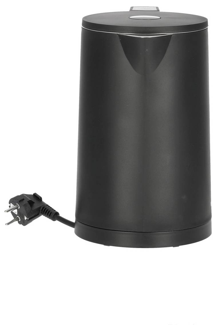 'Schwarzer elektrischer Wasserkocher mit Netzkabel, aufrecht stehend, Seitenansicht. Der Griff und die Bedienelemente sind nicht sichtbar.'