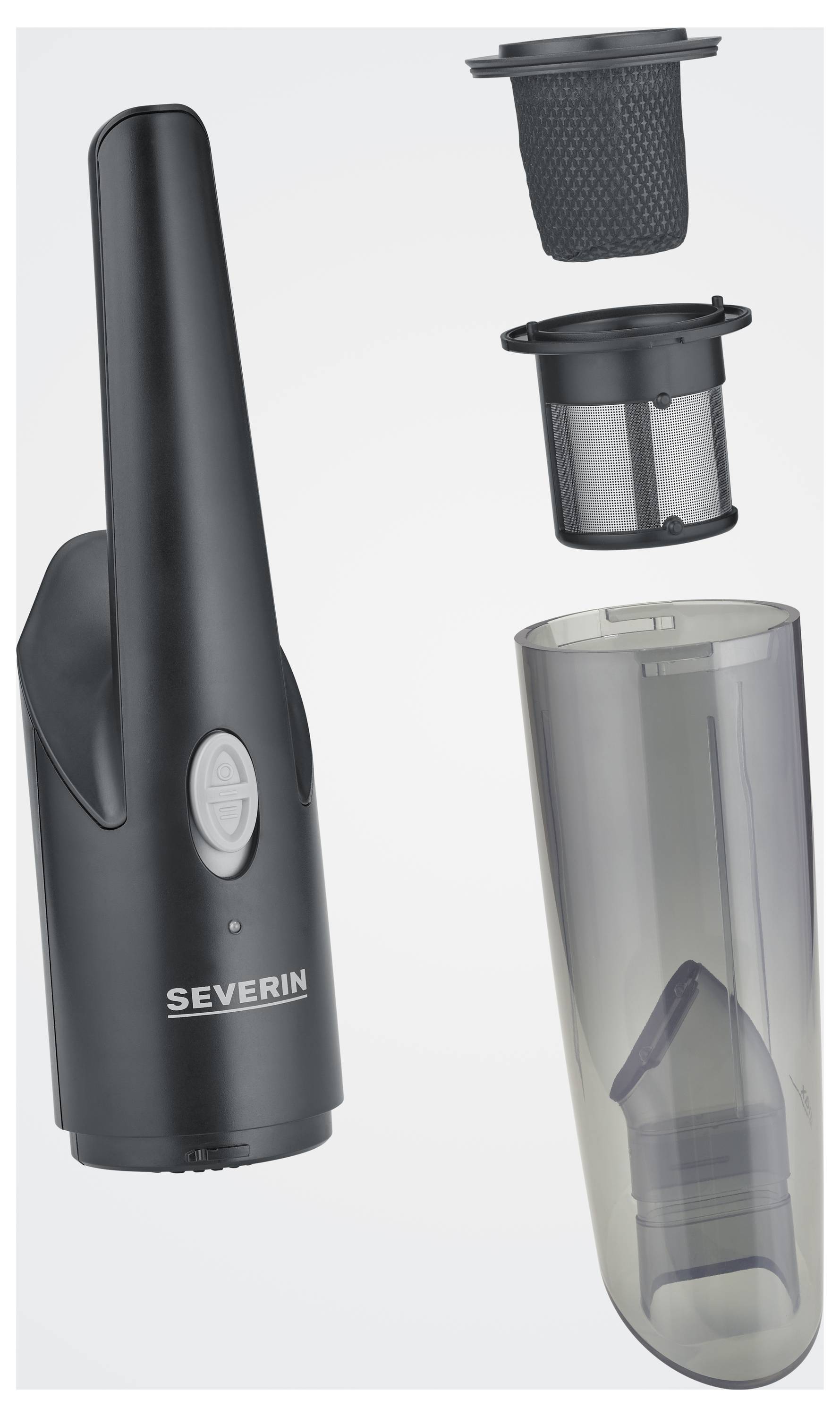 Kabelloser Staubsauger von Severin mit Filtereinsätzen und Staubbehälter, geeignet für einfache Reinigung kleiner Flächen.