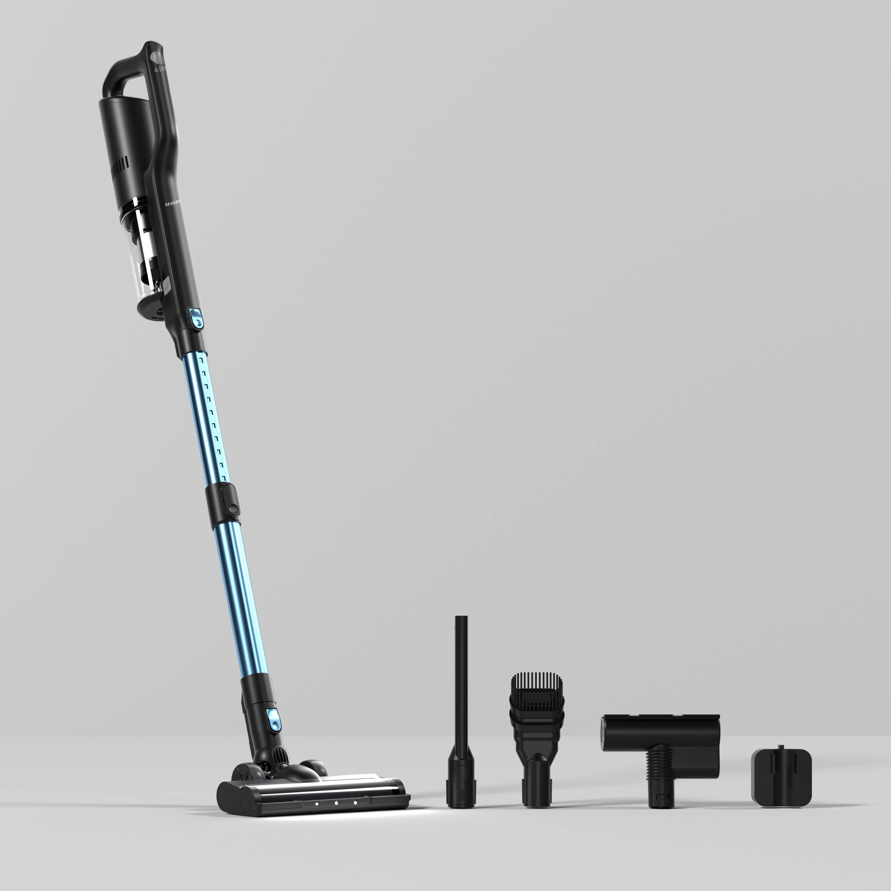 Kabelloser Staubsauger mit blauem Stiel und mehreren Aufsätzen auf grauem Hintergrund. Geeignet für verschiedene Reinigungsaufgaben.