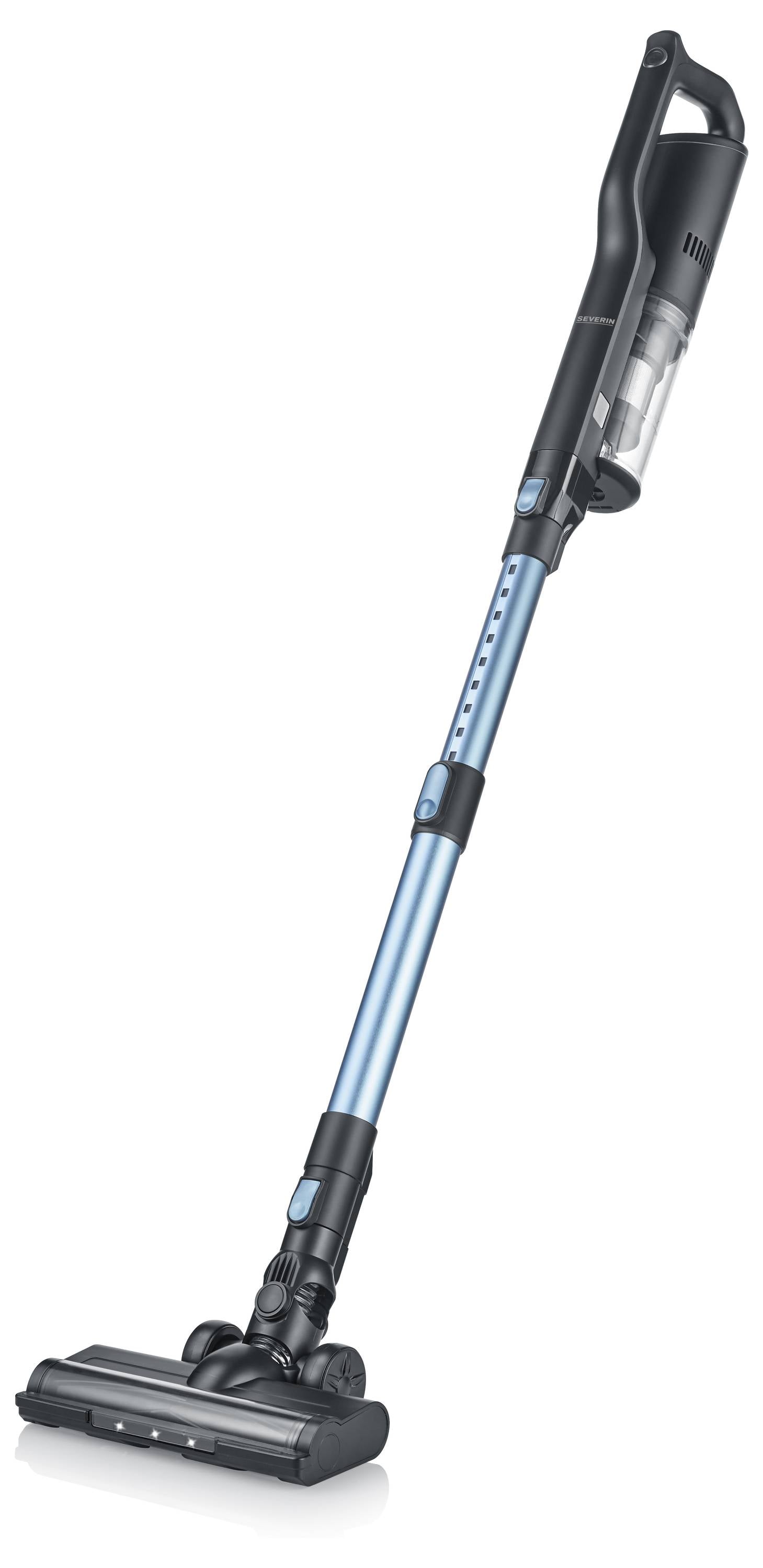 Kabelloser Stabstaubsauger mit blauem Rohr und schwarzem Griff, transparentem Staubbehälter, geeignet für flexible Reinigungsarbeiten.