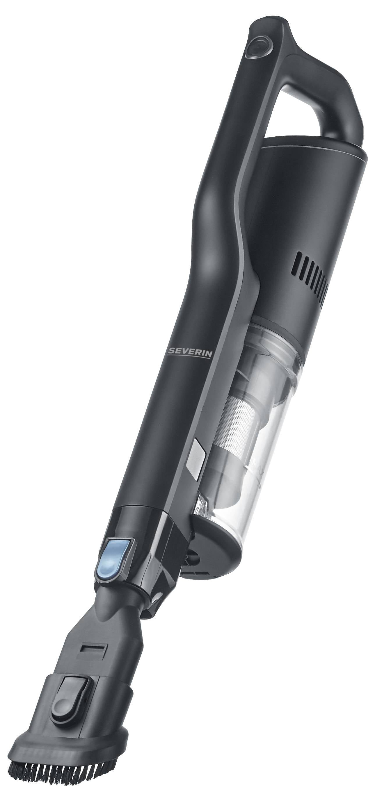 Ein kabelloser, schwarzer Handstaubsauger mit einem ergonomischen Griff und einem transparenten Staubbehälter.