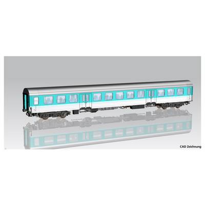 Eine CAD-Zeichnung eines modernen Waggons mit türkisfarbenen und weißen Seitenflächen, dargestellt auf einem spiegelnden Untergrund.