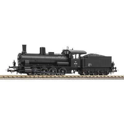 Ein schwarzes Modell einer Dampflokomotive mit Kohletender, stehend auf einem Gleisabschnitt, seitliche Ansicht.