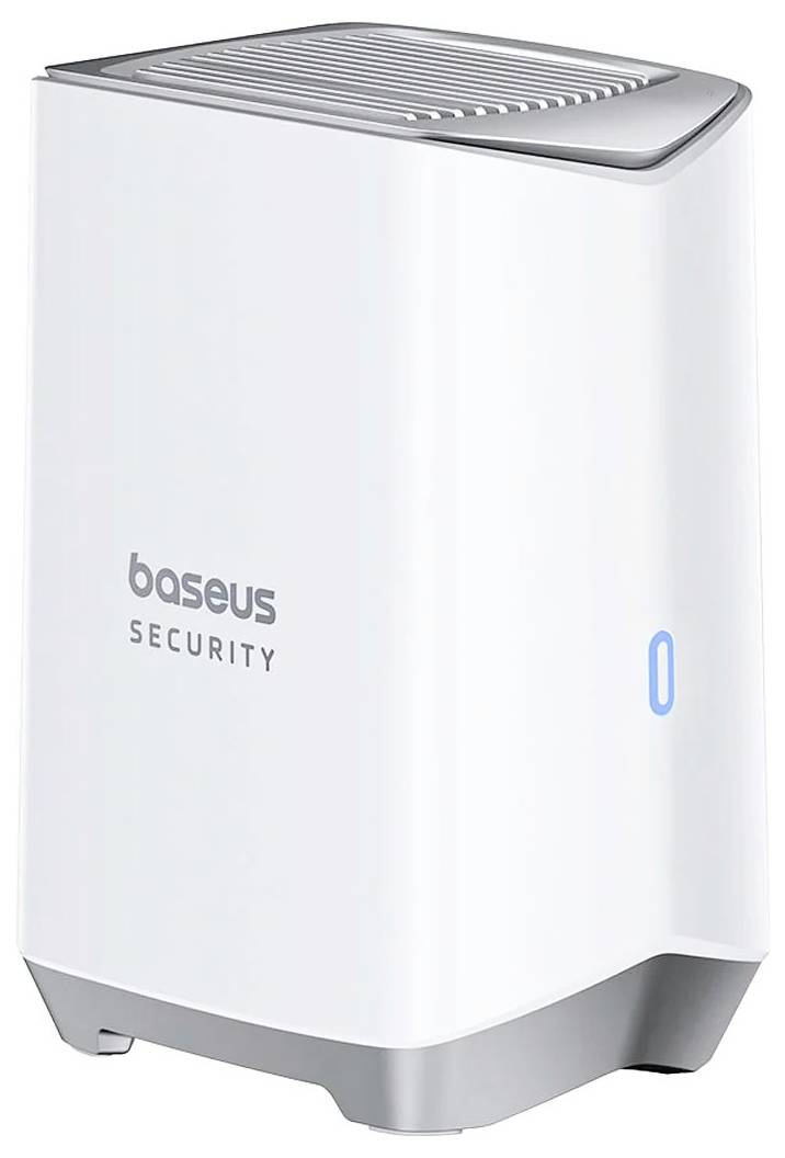 Ein weißer, quadratischer Luftreiniger mit abgerundeten Ecken und Lüftungsschlitzen oben. Auf der Vorderseite steht 'Baseus Security'.
