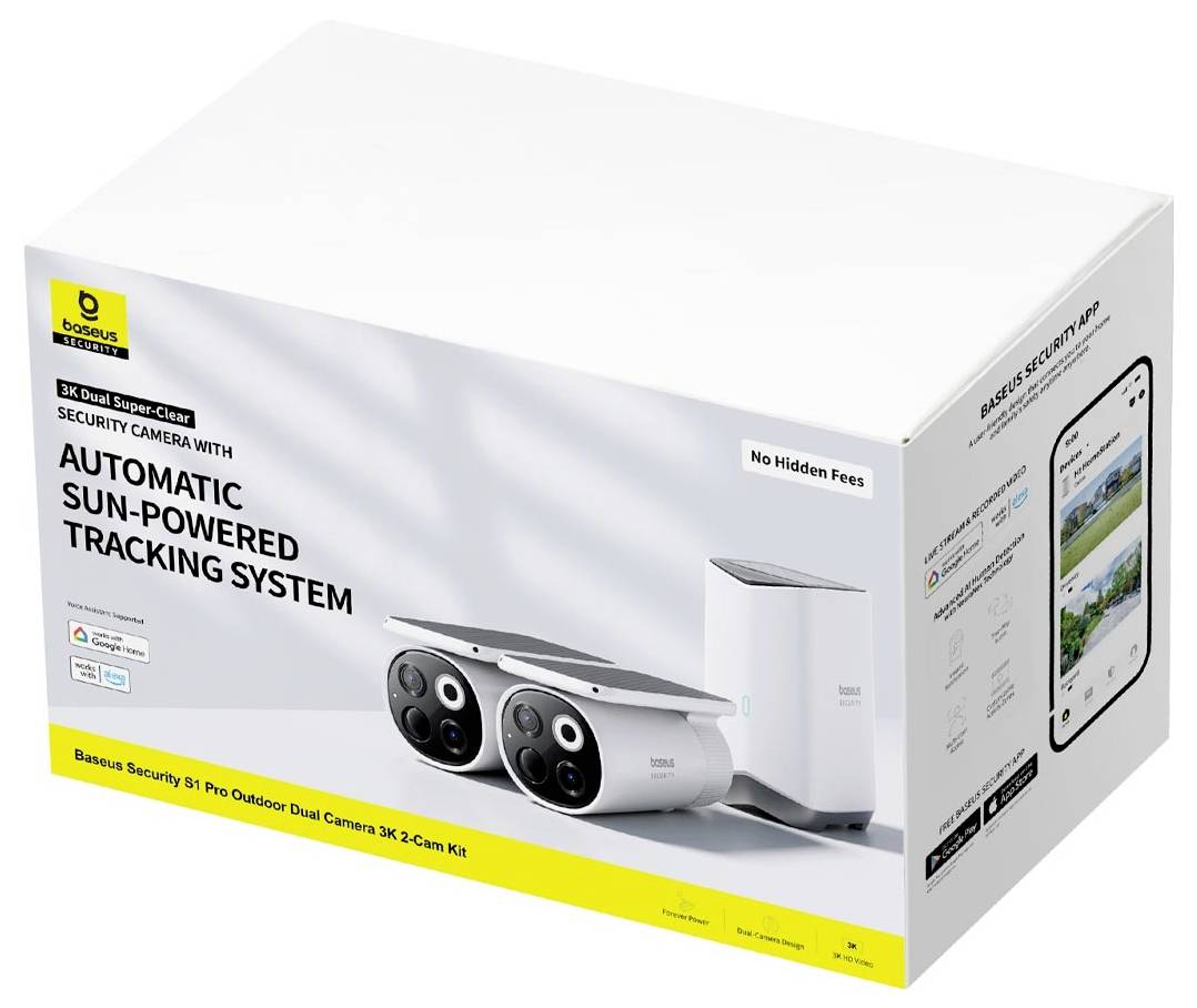 Überwachungskamerasystem mit Solarantrieb, bestehend aus zwei weißen Kameras und einer Basisstation. Verpackung zeigt Produktbilder und Texte.