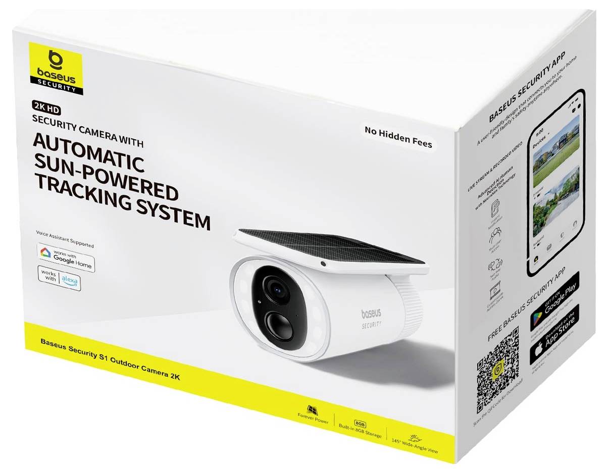 Verpackung einer wetterfesten 2K HD-Sicherheitskamera mit solarbetriebenem Tracking-System. Apps für Android und iOS verfügbar.