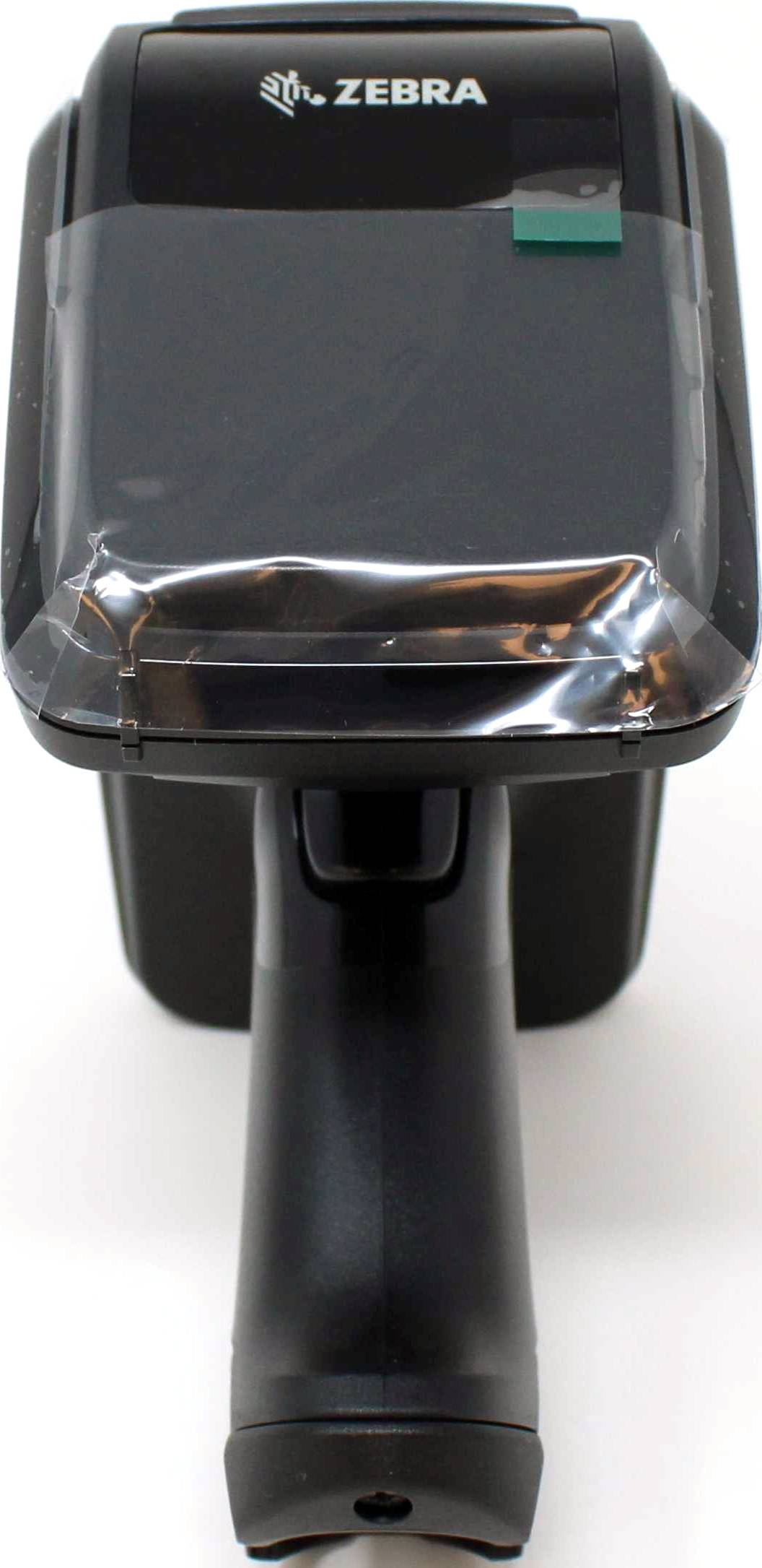 Ein schwarzer Handscanner für Barcodeerfassung, Vorderansicht. Oben eine Marke beschriftet. Geeignet für industrielle Anwendungen.