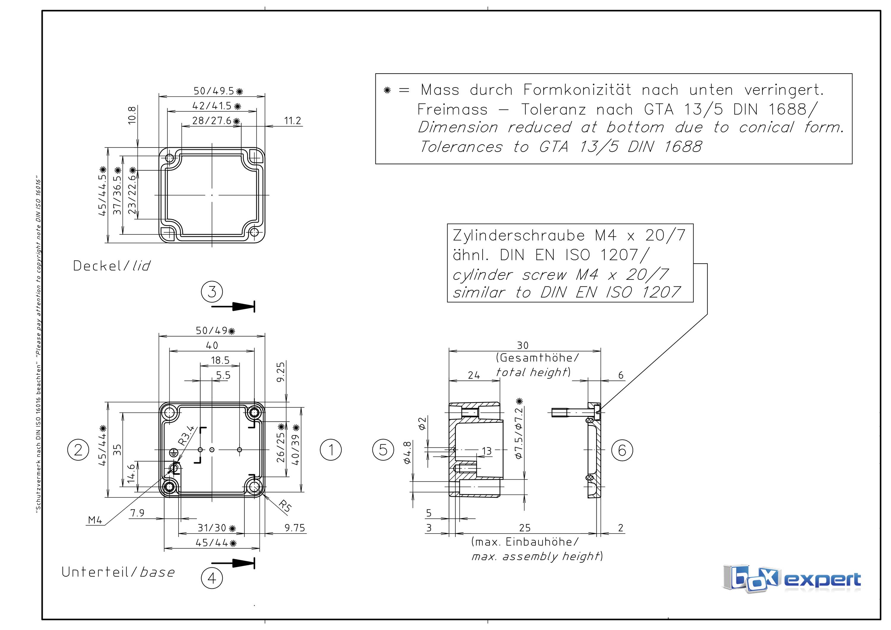 Technische Zeichnung eines quadratischen Bauteils mit Maßen, Bohrungen und Schraubpositionen. Hinweise zu Toleranzen und Schraubentypen.