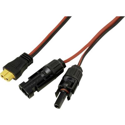 Drei Anschlüsse an einem Kabel: ein gelber XT60-Stecker und zwei schwarze MC4-Solarstecker, einer männlich und einer weiblich, für elektrische Verbindungen.