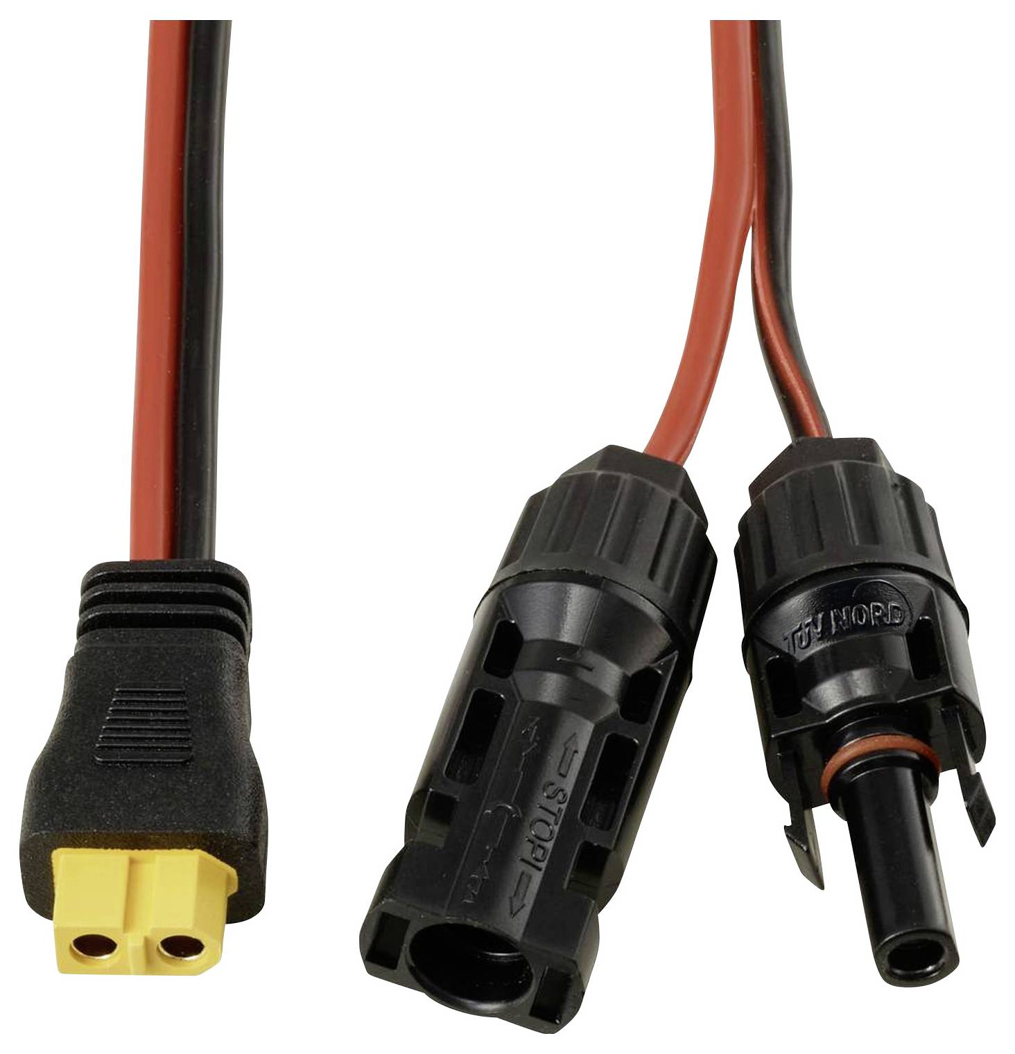 MC4 Abzweigadapterkabel mit schwarzen Steckern an roten und schwarzen Kabeln und einem gelben XT60-Stecker.