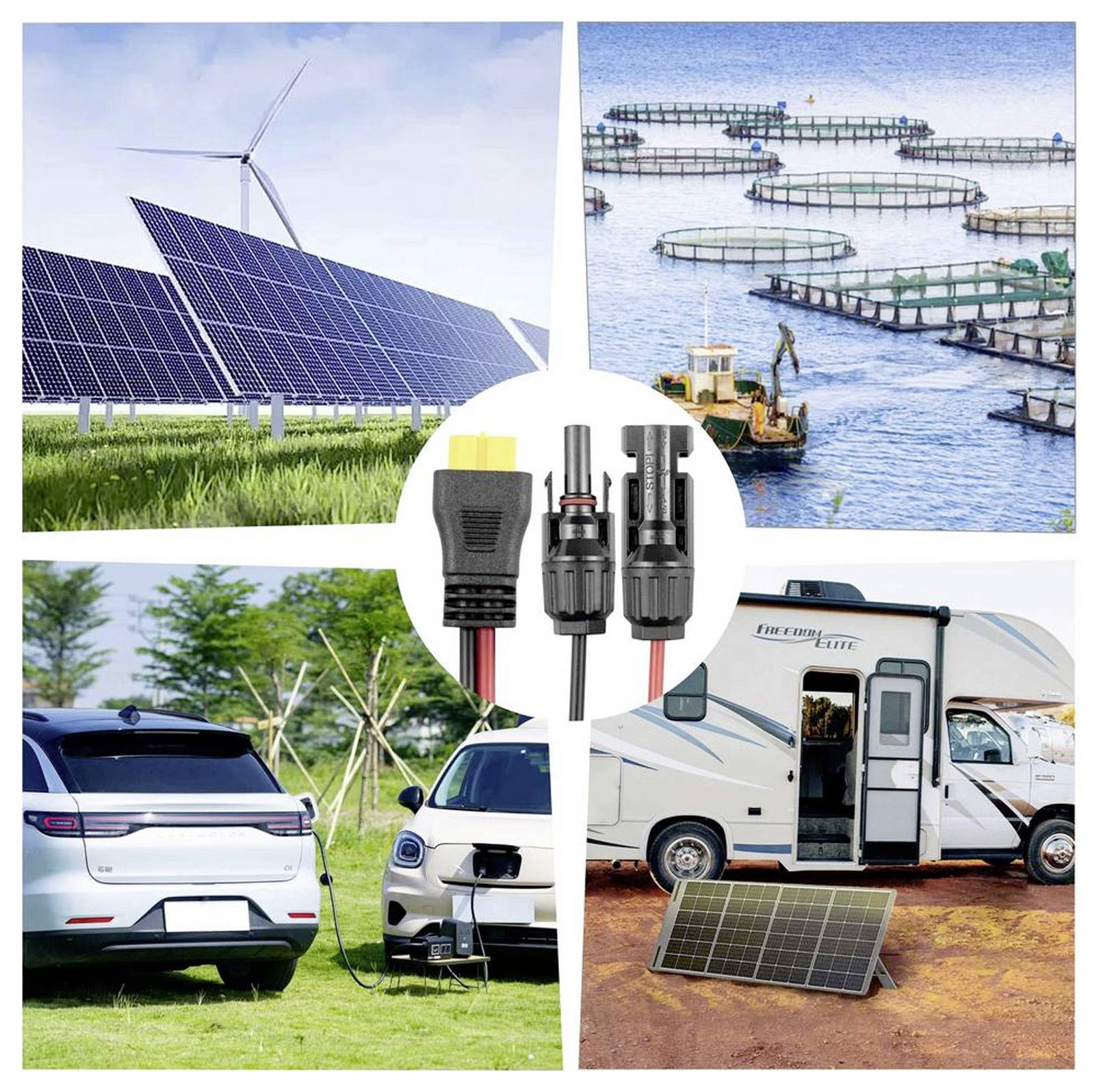 Solarpaneele und Windturbine auf einem Feld; Fischzucht mit Solarbelüftern; Elektrofahrzeuge beim Aufladen; Wohnmobil mit Solaranlagen-Einrichtung.