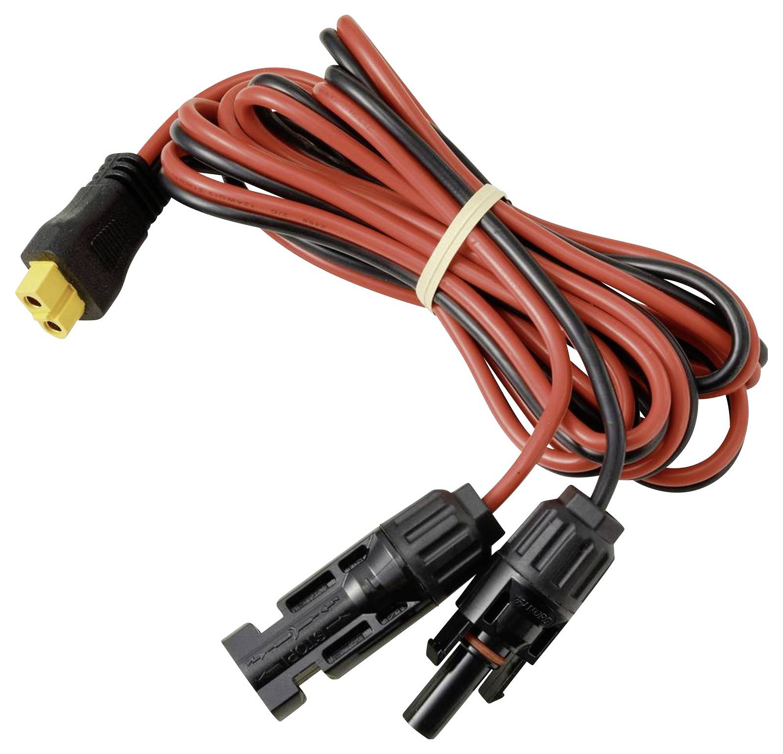 Ein Paar schwarze und rote elektrische Kabel mit Anschlüssen, aufgewickelt und mit einem Gummiband gesichert, zum Anschließen von Solarpanels.