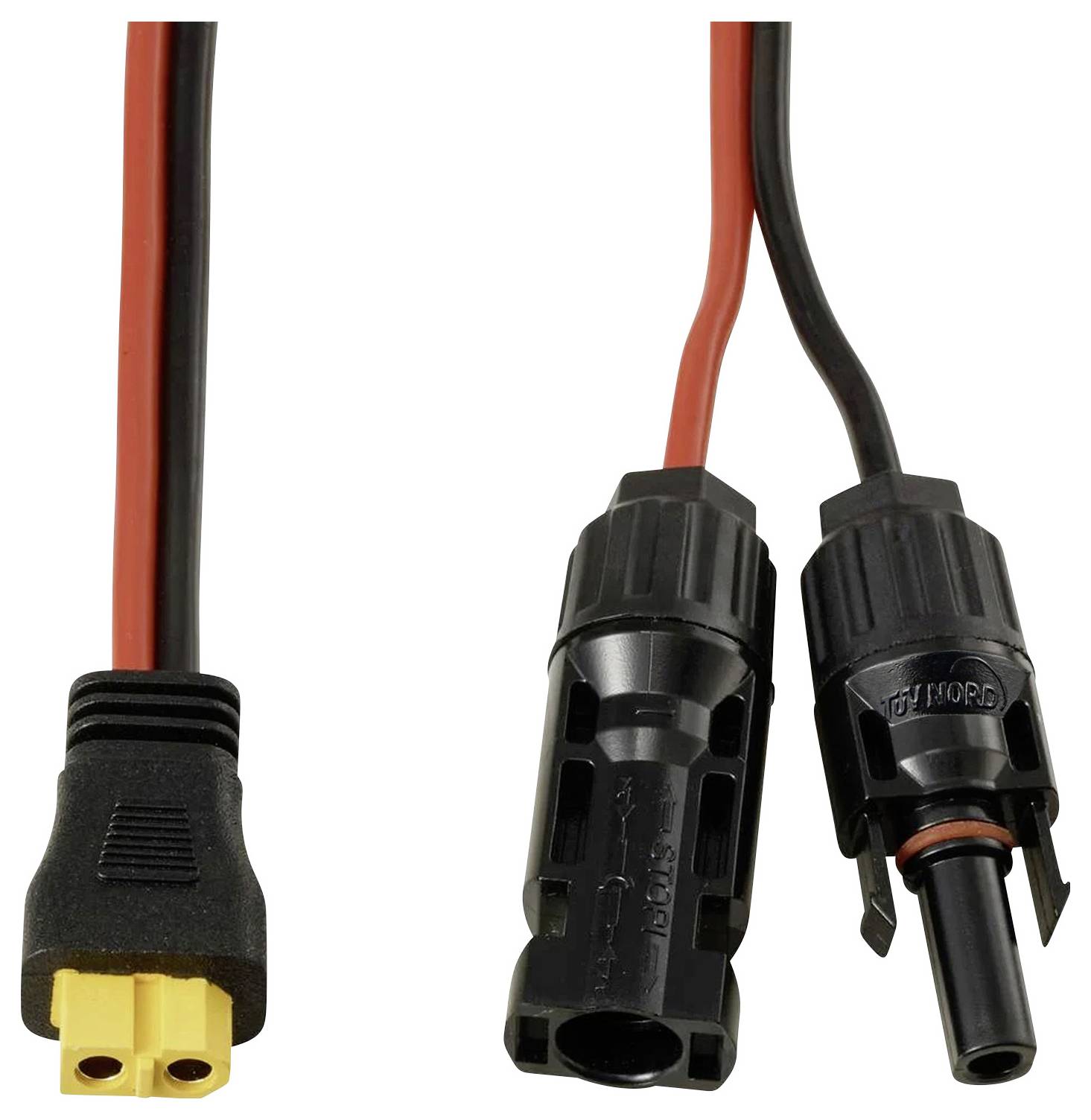 Zwei Arten von elektrischen Anschlüssen: links ein gelber Anschluss; rechts ein Paar schwarzer Anschlüsse mit roten und schwarzen Kabeln.