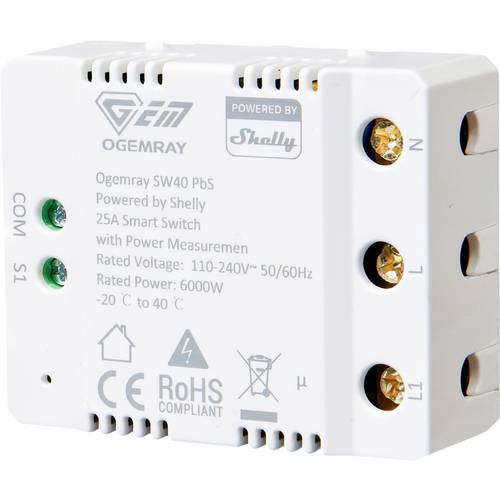 Shelly Ogemray smarter Relaisschalter 25 A Schalt-Messaktor Bluetooth, Wi-Fi