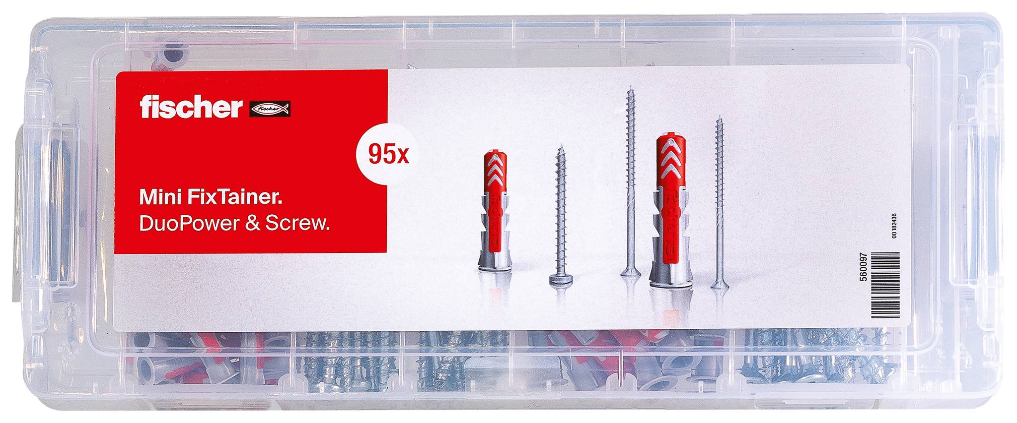 Transparente Kunststoffbox mit Fischer Mini FixTainer DuoPower und Schrauben, gekennzeichnet mit „95x", mit Produktabbildung von rot-grauen Wanddübeln und Schrauben.