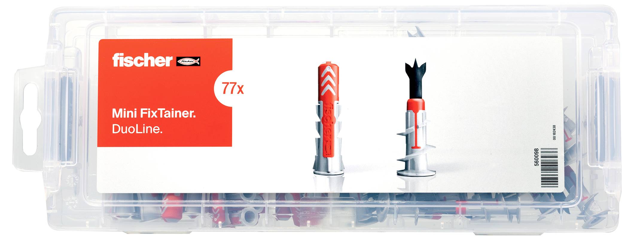Eine transparente Box von 'fischer' enthält 77 Mini-Dübel der DuoLine-Serie. Auf der Verpackung sind zwei Dübelvarianten abgebildet.