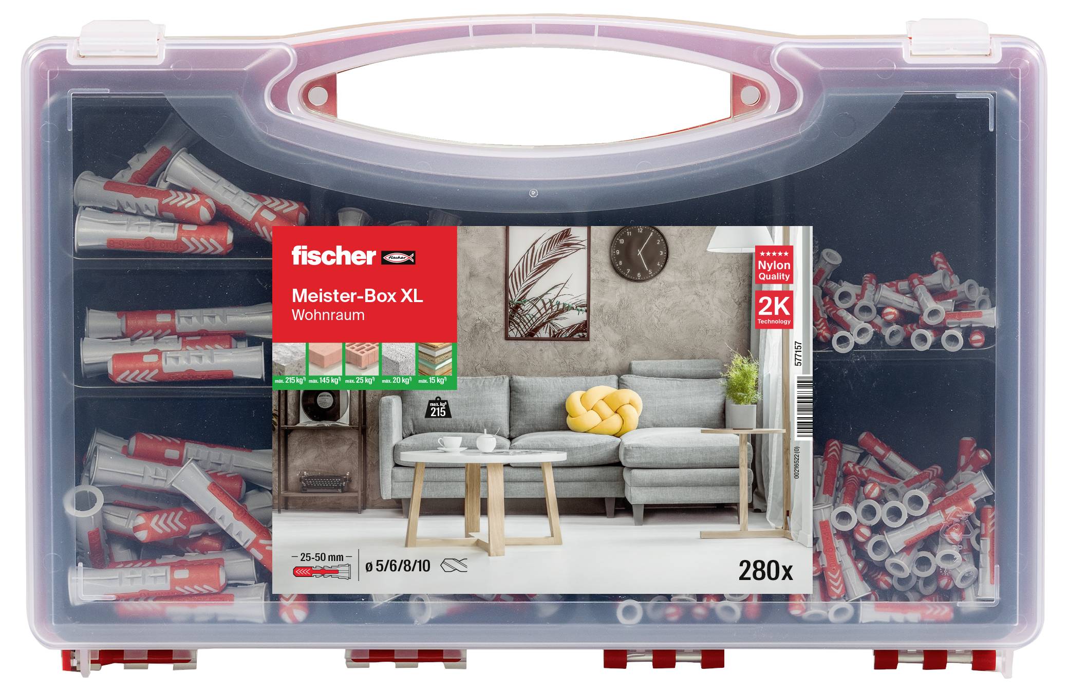 Ein transparenter Koffer mit roten und grauen Dübeln von Fischer, bezeichnet als 'Meister-Box XL Wohnraum', enthält 280 Teile.