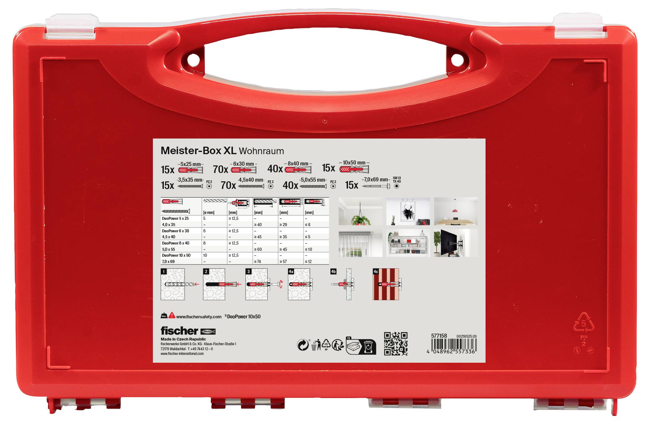 Roter Werkzeugkasten mit Aufkleber. Enthält verschiedene Dübel und Schrauben. Tabelle zeigt Details zu Menge und Größen. Markenname vorhanden.