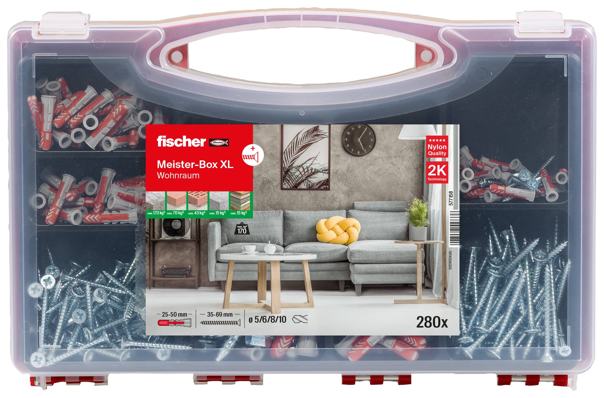 Transparente Kunststoff-Organizer-Box gefüllt mit verschiedenen Schrauben, mit einem Etikett für ein fischer Meister-Box XL Dübel-Sortiment, 280 Teile.